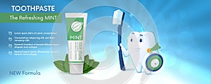 Smiling superhero tooth is holding the shield and toothbrush and looking at the tube of mint toothpaste and mint leafs.