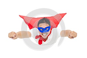 Smiling superman flying with red cape. isolated on white background