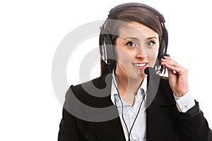 Smiling support operator with headset