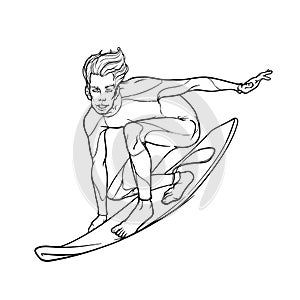 Smiling surfer in drysuit sketch on white background