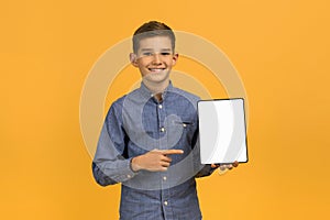 Smiling teen boy pointing at tablet with blank white screen