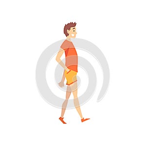 Smiling Teen Boy Walking, Happy Child on Summer Vacation Vector Illustration