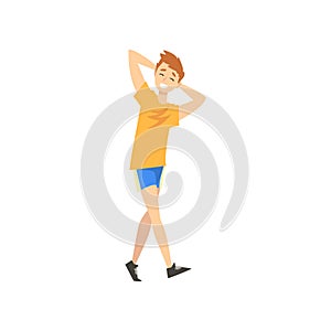 Smiling Teen Boy Walking with His Hands Behind his Head, Happy Child on Summer Vacation Vector Illustration