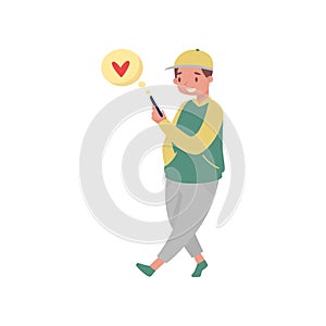 Smiling teen boy walking and reading love messages from smartphone. Online dating and social media theme. Flat vector