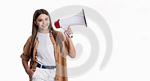 smiling teen girl announcer with loudspeaker isolated on white. teen girl announcer hold loudspeaker