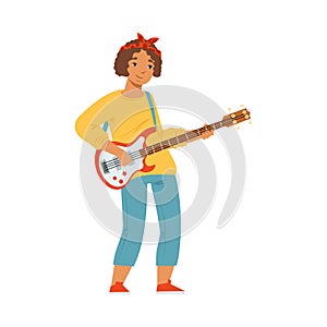 Smiling Teen Girl Standing and Playing Electric Guitar Performing on Stage Vector Illustration