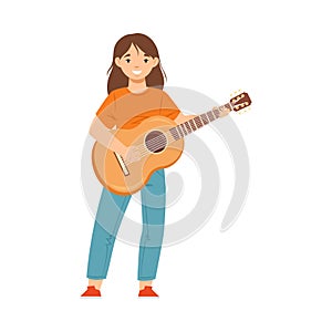 Smiling Teen Girl Standing and Playing Guitar Performing on Stage Vector Illustration