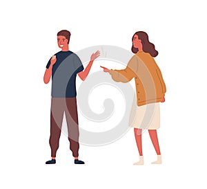 Smiling teen guy ignored angry mother looking at smartphone vector flat illustration. Irritated woman criticize photo