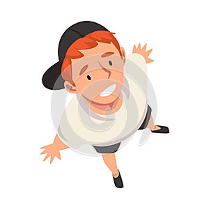 Smiling Teenage Boy Character in Cap Looking Up, View from Above Vector Illustration