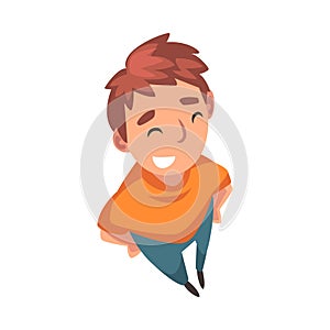 Smiling Teenage Boy Character Looking Up, View from Above Vector Illustration