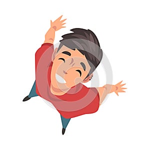 Smiling Teenage Boy Character Looking Up, View from Above Vector Illustration