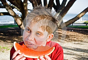 Smiling Teenage boy enjoing watermelon