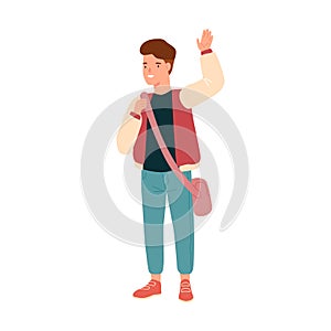 Smiling teenage student waving hand. Happy pupil with schoolbag. Portrait of cute boy or schoolchild. Flat vector photo