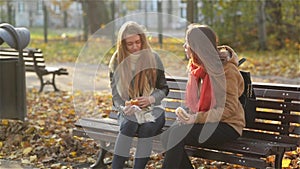 Smiling Teenagers Enjoying a Fast Food and Some Beverage are Sitting on the Bench in the Park and Talking. Two Cute