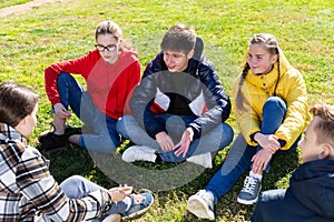 Smiling teenages discussing on green grass