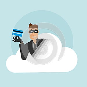 A smiling thief hacks into cloud storage and pulls out credit card data.