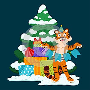 Smiling tiger with party hat, festive garland flags, presents and Christmas tree. Chinese zodiac animal. Symbol of the new year