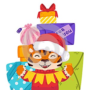 Smiling tiger with santa hat, festive garland flags, presents. Chinese zodiac animal. Symbol of the new year 2022, 2034. Vector