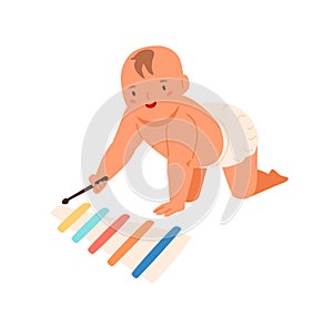 Smiling toddler playing on wooden xylophone vector flat illustration. Cute little child in diaper enjoying sound of toy