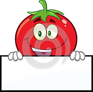 Smiling Tomato Cartoon Mascot Character Over A Blank Sign