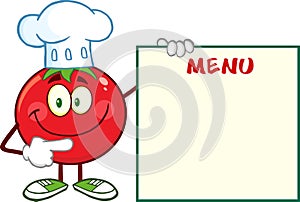 Smiling Tomato Chef Cartoon Mascot Character Pointing To Menu Board