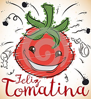 Smiling Tomato with Some Doodles for Spanish Tomatina, Vector Illustration photo