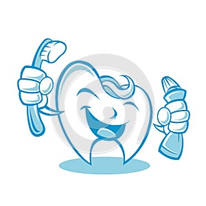 Smiling tooth with toothbrush and toothpaste