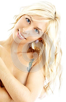 Smiling topless blond