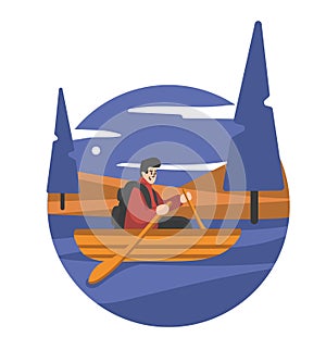 Smiling tourist guy with backpack floats down river in mountains in forest at night vector