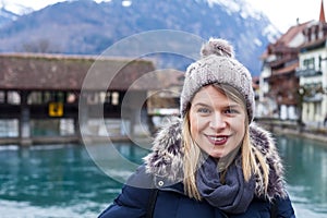 Smiling tourist in Interlaken, Switzerland