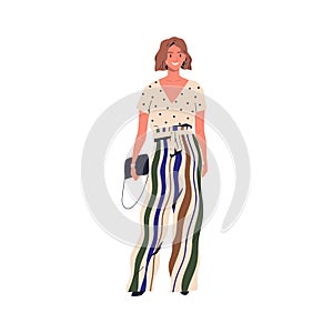 Smiling trendy person demonstrate modern vogue vector flat illustration. Stylish young woman standing in colorful