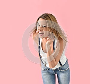 Smiling trendy woman moving isolated