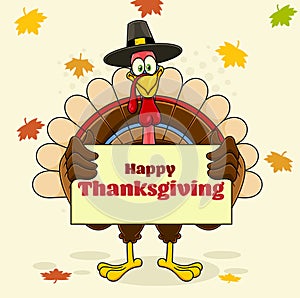 Smiling Turkey Cartoon Character With Pilgrim Hat Holding A Blank Sign