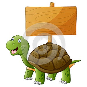 A smiling turtle with empty wooden plank