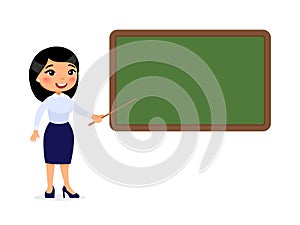 Asian female teacher standing near blackboard flat  illustration.