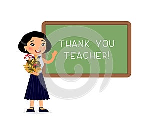 Asian female teacher standing near blackboard flat vector illustration.