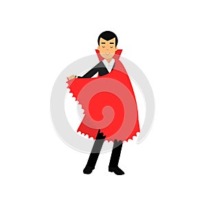 Smiling vampire character in red cape, Count Dracula wearing black suit vector Illustration