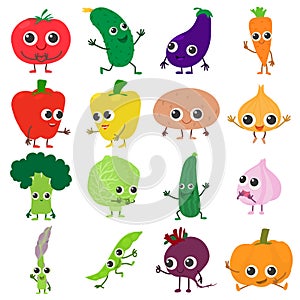 Smiling vegetables icons set, cartoon style