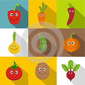 Smiling vegetables icons set, flat style