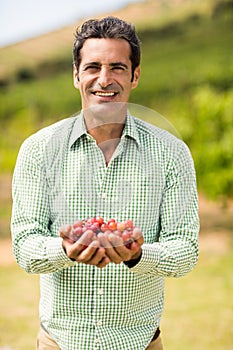 Smiling vintner holding grapes
