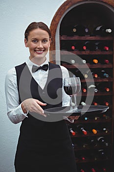 Smiling waitress holding a tray with glasses of red wine