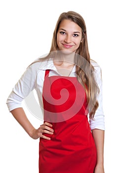 Smiling waitress with red apron