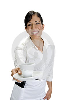 Smiling waitress serving coffee