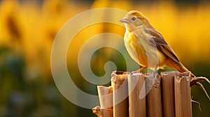Smiling Warbler On Fence Post: A Sun-kissed Visual Storytelling In Precisionist Style