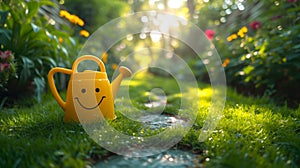 Smiling Watering Can on a Dewy Morning in a Lush Garden.