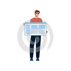 Web developer holding a website layout interface and smiling