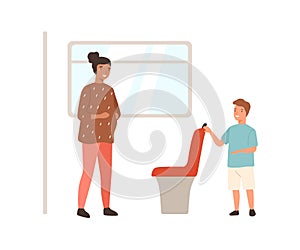 Smiling well mannered boy offering seat in public transport to pregnant woman vector flat illustration. Child