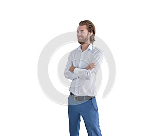 Smiling western businessman crossing his arms isolated on white