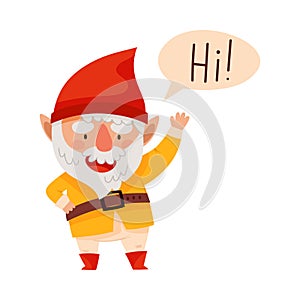 Smiling White Bearded Gnome Character with Red Pointed Hat Waving Hand Greeting Vector Illustration photo