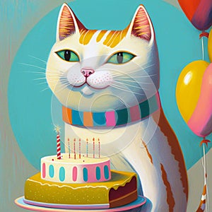 A smiling white cat with birthday cake, candles and balloons